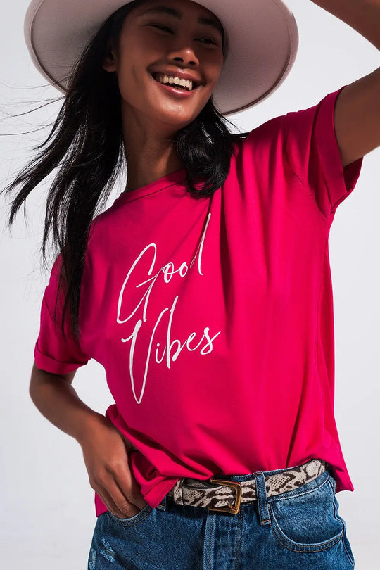 Good Vibes slogan tee in fuchsia - FUCHSIA / ONE - T-Shirts