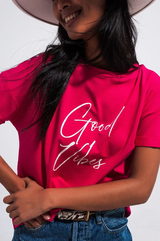 Good Vibes slogan tee in fuchsia - FUCHSIA / ONE - T-Shirts
