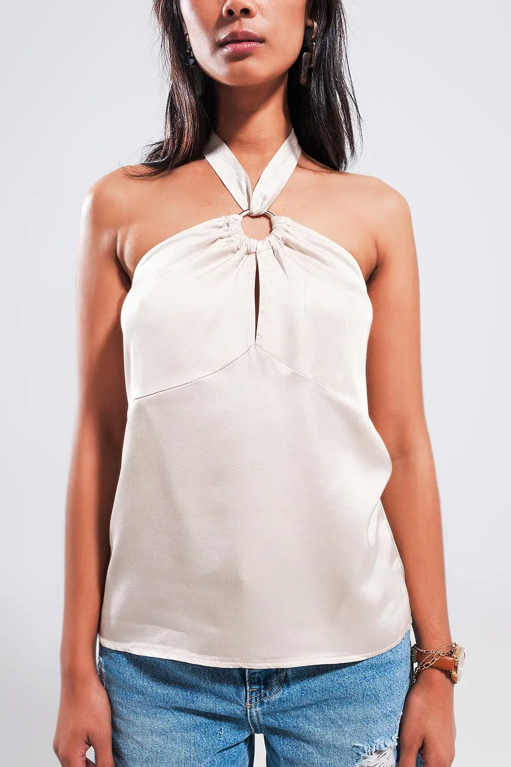 Halter neck crop top with ring detail in beige - BEIGE / ONE - Tops