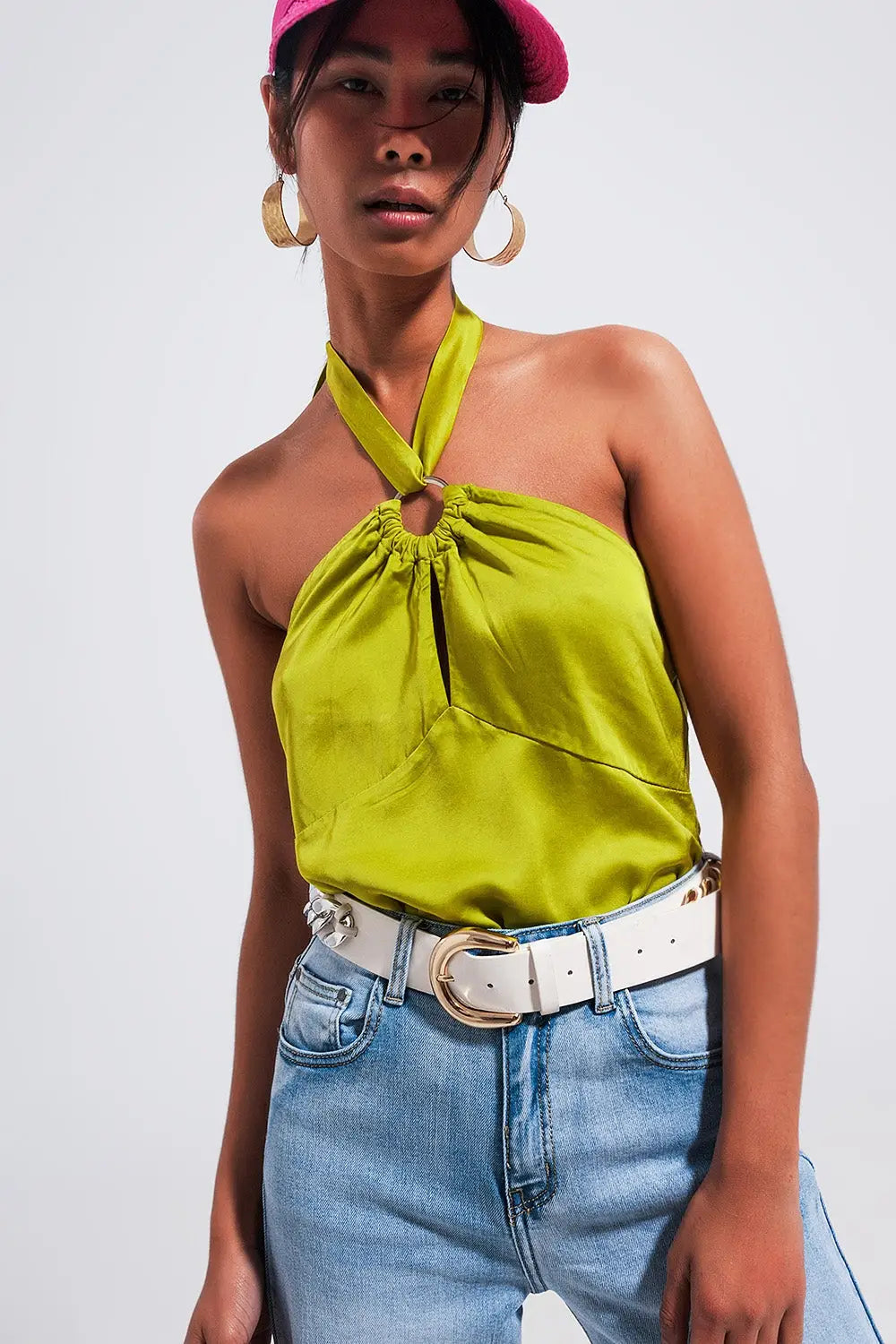 Halter neck crop top with ring detail in lime - GREEN / ONE - Tops