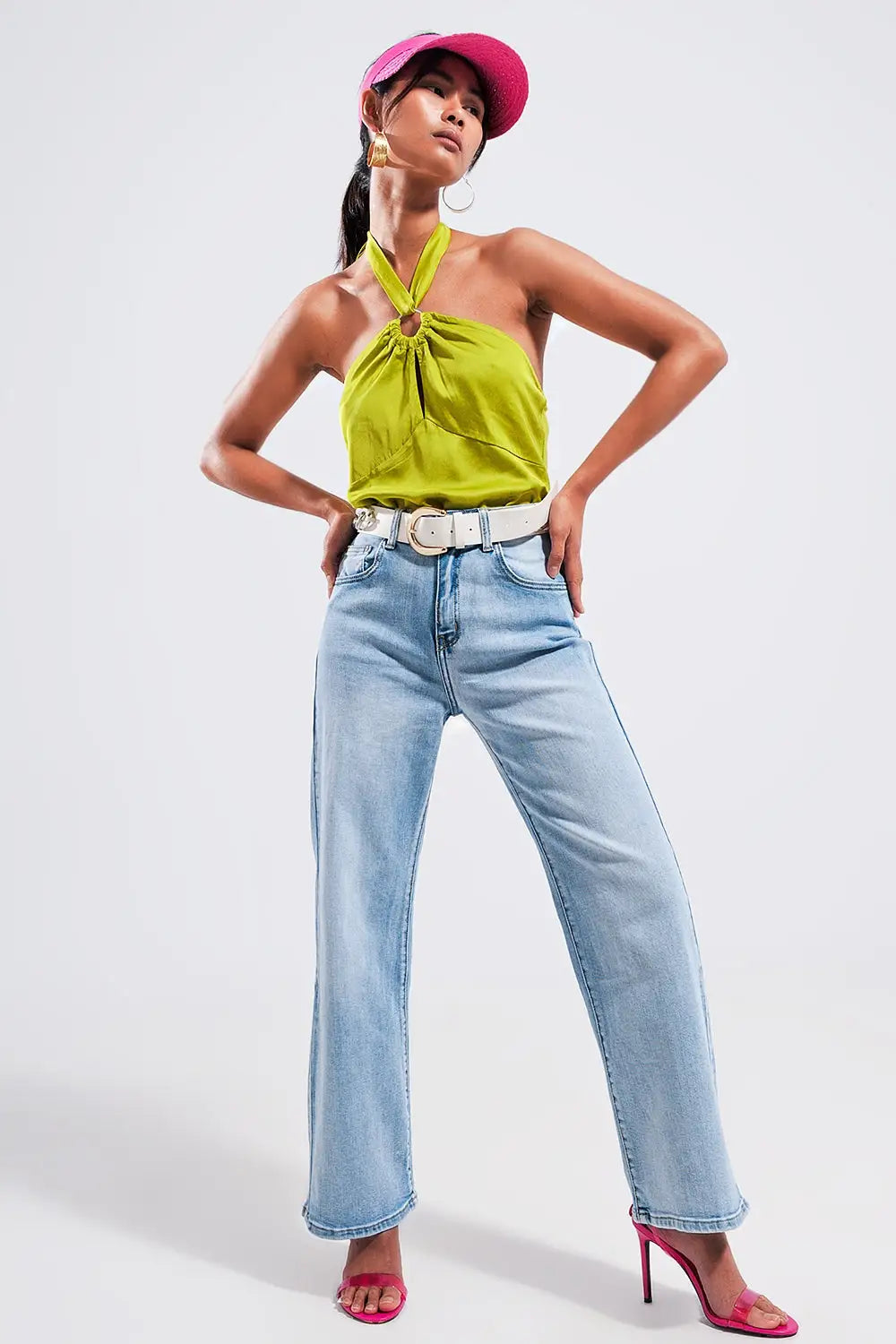 Halter neck crop top with ring detail in lime - GREEN / ONE - Tops
