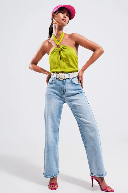 Halter neck crop top with ring detail in lime - GREEN / ONE - Tops