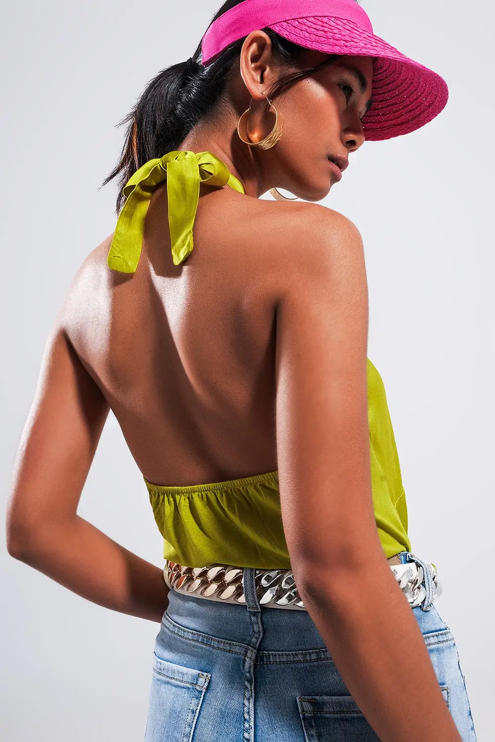 Halter neck crop top with ring detail in lime - GREEN / ONE - Tops