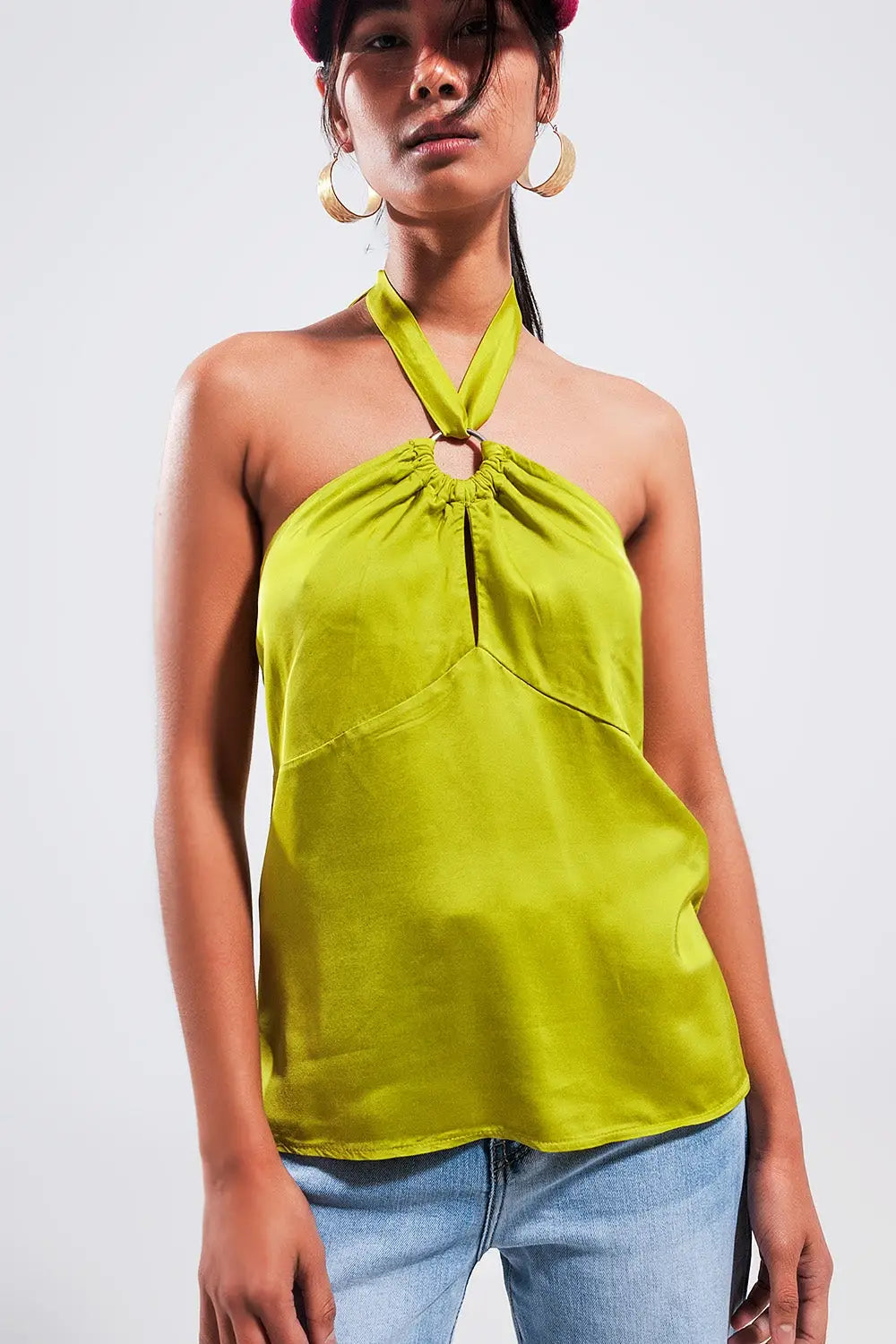 Halter neck crop top with ring detail in lime - GREEN / ONE - Tops