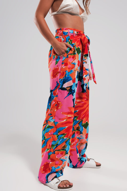 Elastic back pants in bright floral