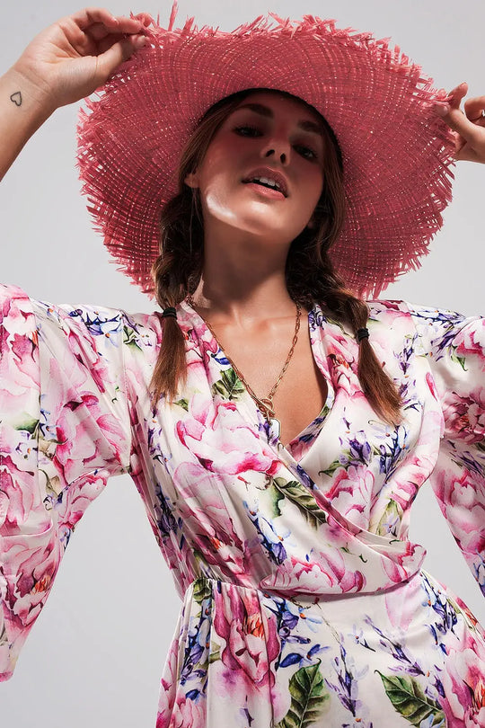 Flutter sleeve maxi dress in pink floral print - Dresses