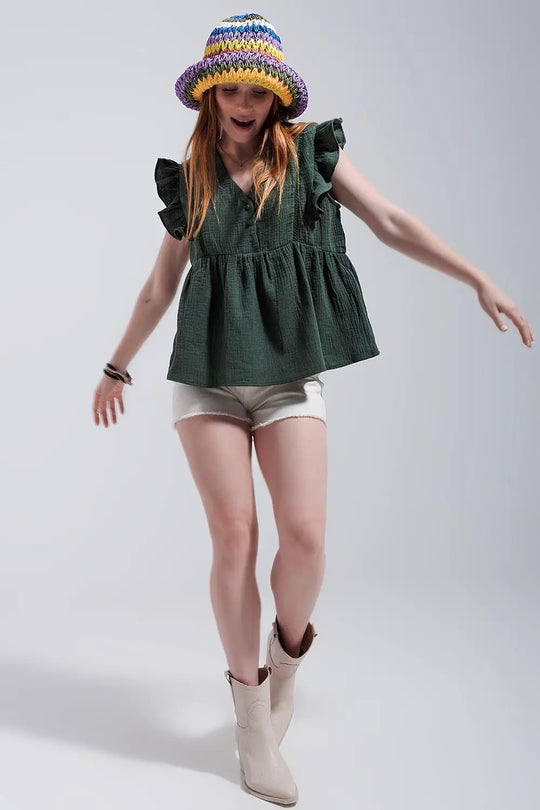 Cotton tank top with ruffle sleeves in khaki - Shirts
