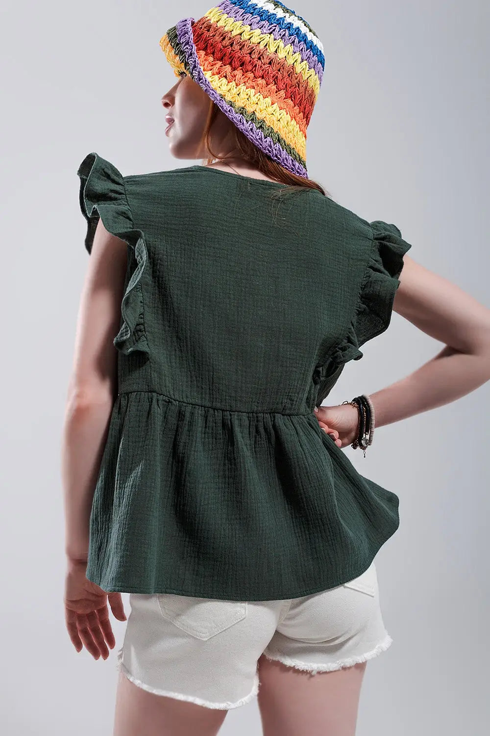 Cotton tank top with ruffle sleeves in khaki - Shirts