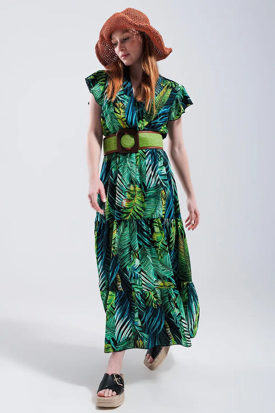 Short sleeve tiered midi dress in tropical print - Dresses
