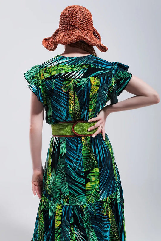 Short sleeve tiered midi dress in tropical print - Dresses