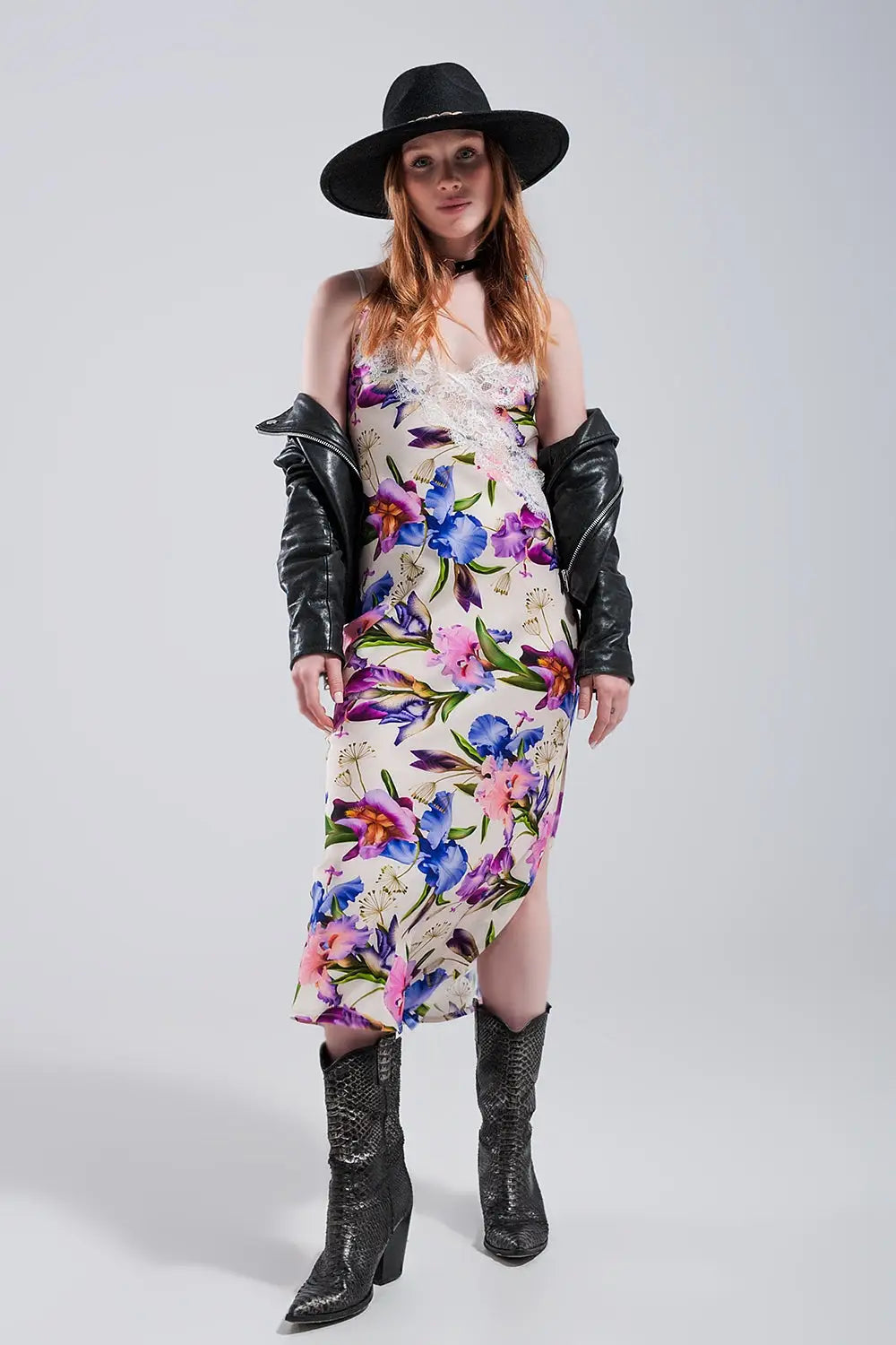 V back Satin midi dress in beige clashing floral print - Dresses