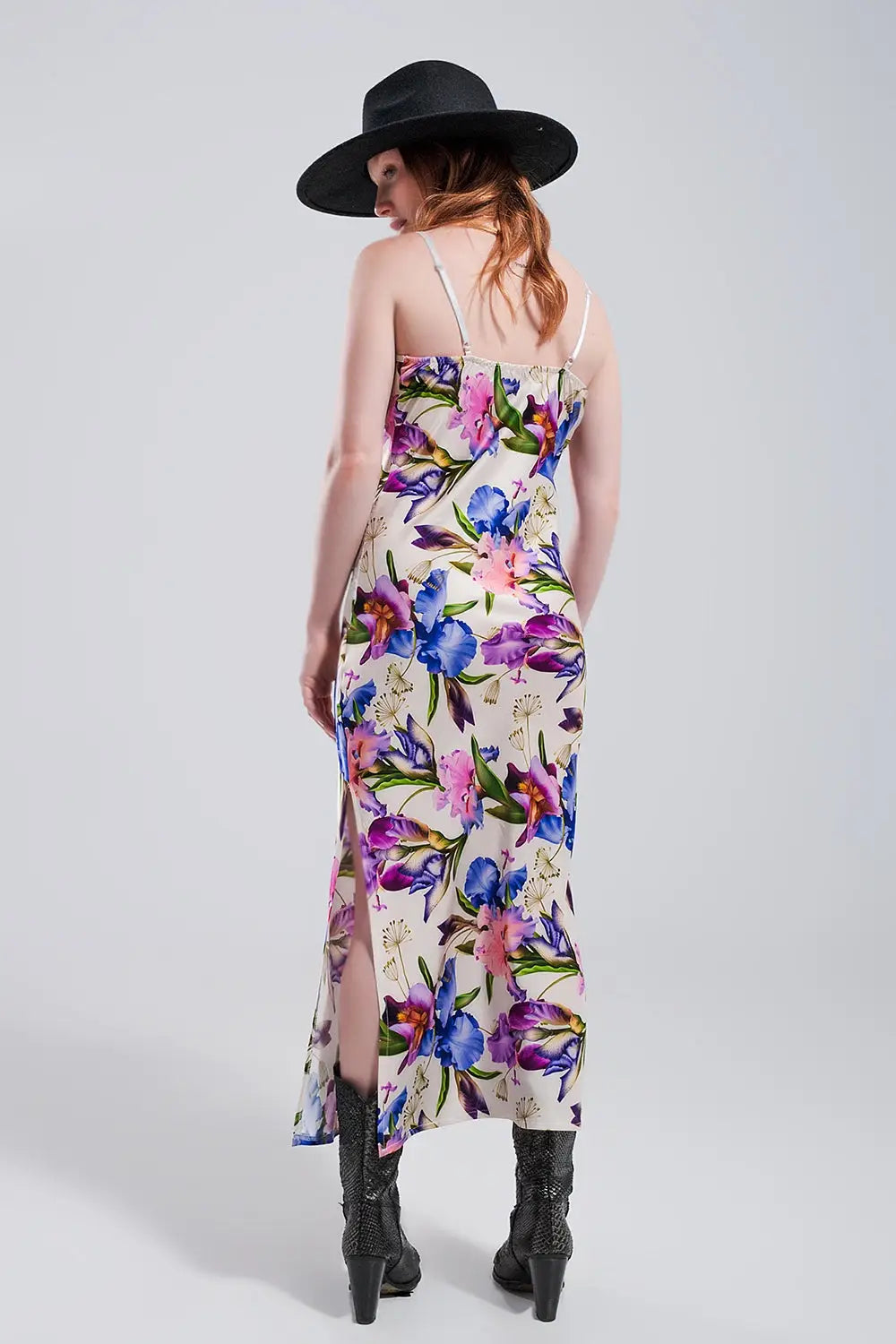 V back Satin midi dress in beige clashing floral print - Dresses