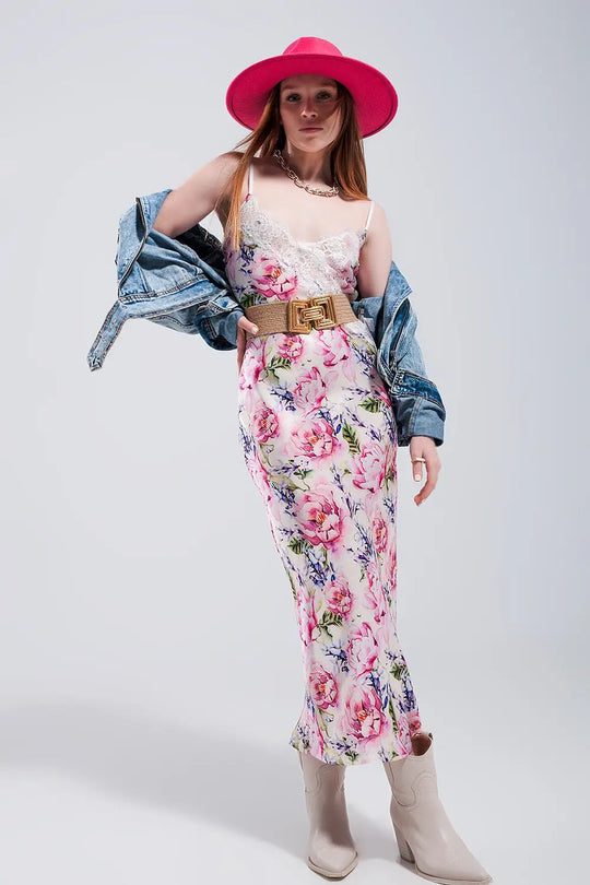 V back Satin midi dress in pink rose print - Dresses