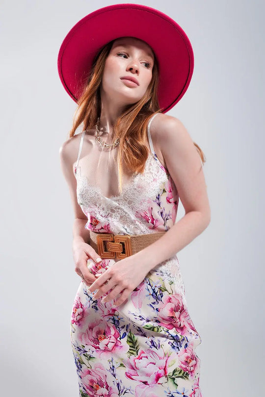 V back Satin midi dress in pink rose print - Dresses