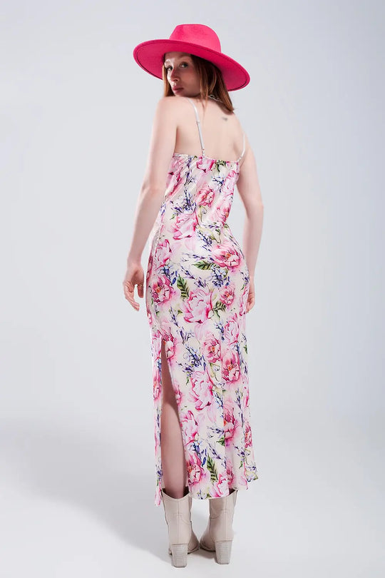 V back Satin midi dress in pink rose print - Dresses