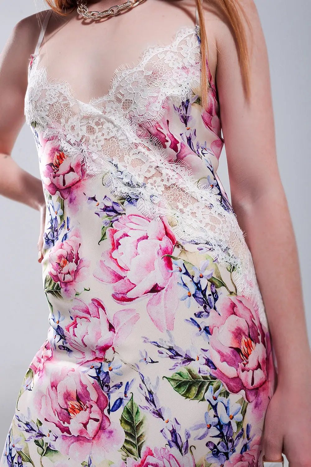 V back Satin midi dress in pink rose print - Dresses