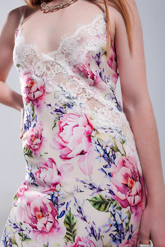 V back Satin midi dress in pink rose print - Dresses