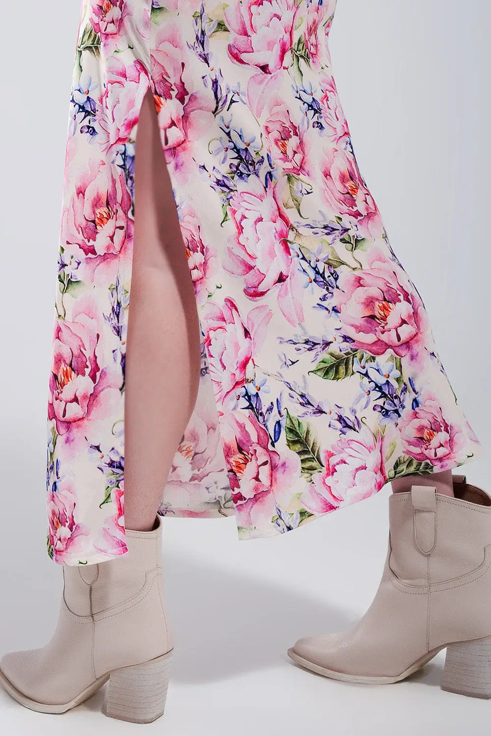 V back Satin midi dress in pink rose print - Dresses