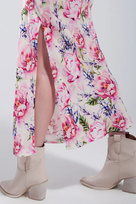 V back Satin midi dress in pink rose print - Dresses