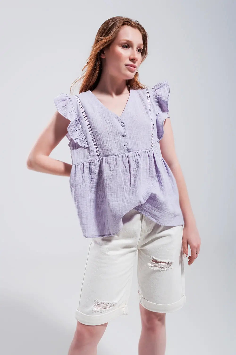 Cotton tank top with ruffle sleeves in lilac - Shirts