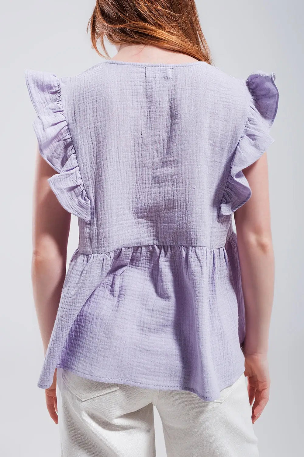 Cotton tank top with ruffle sleeves in lilac - Shirts
