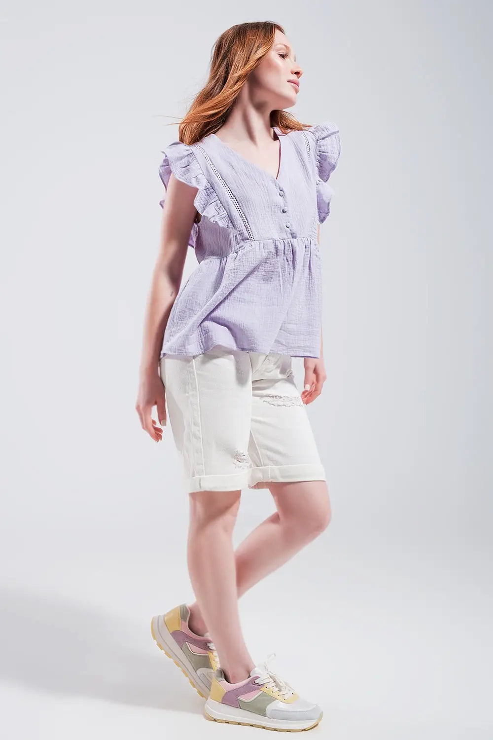 Cotton tank top with ruffle sleeves in lilac - Shirts