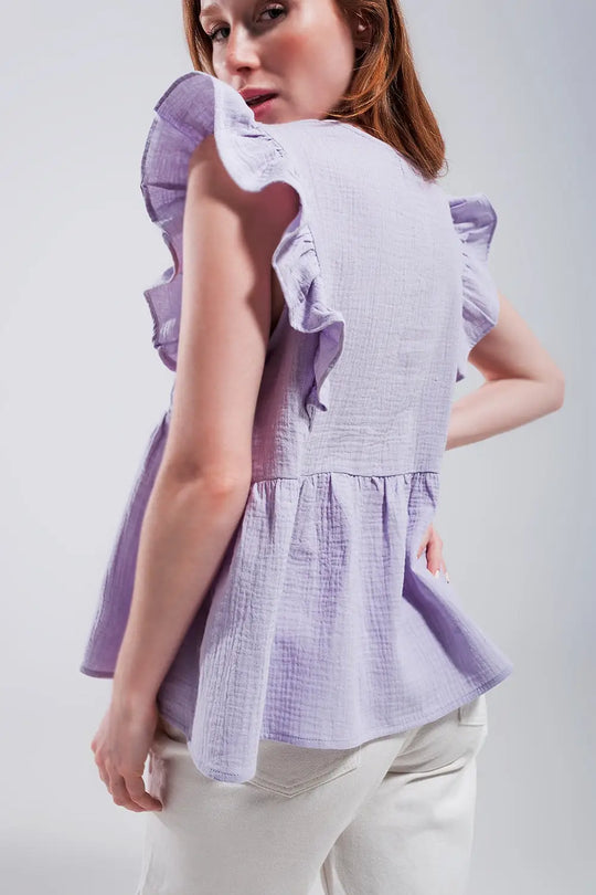 Cotton tank top with ruffle sleeves in lilac - Shirts
