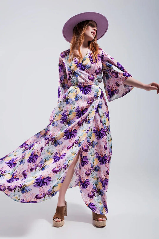 Flutter sleeve maxi dress in purple floral print - Dresses