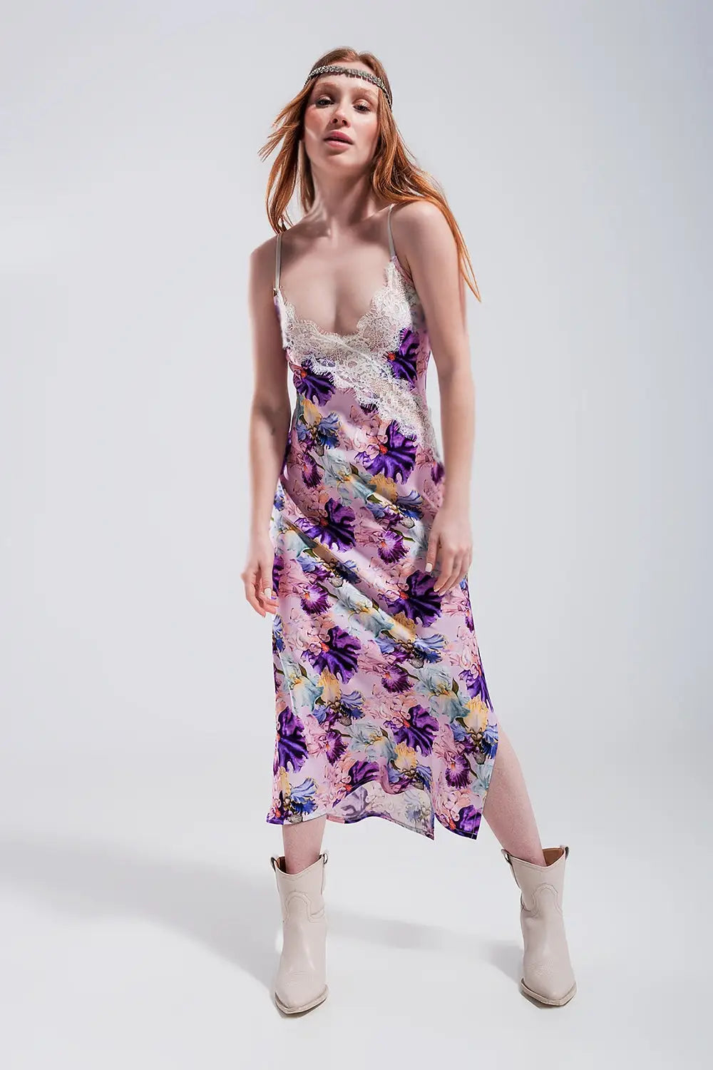 V back Satin midi dress in purple clashing floral print - Dresses