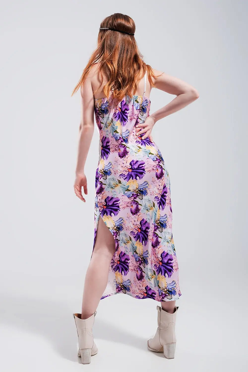 V back Satin midi dress in purple clashing floral print - Dresses