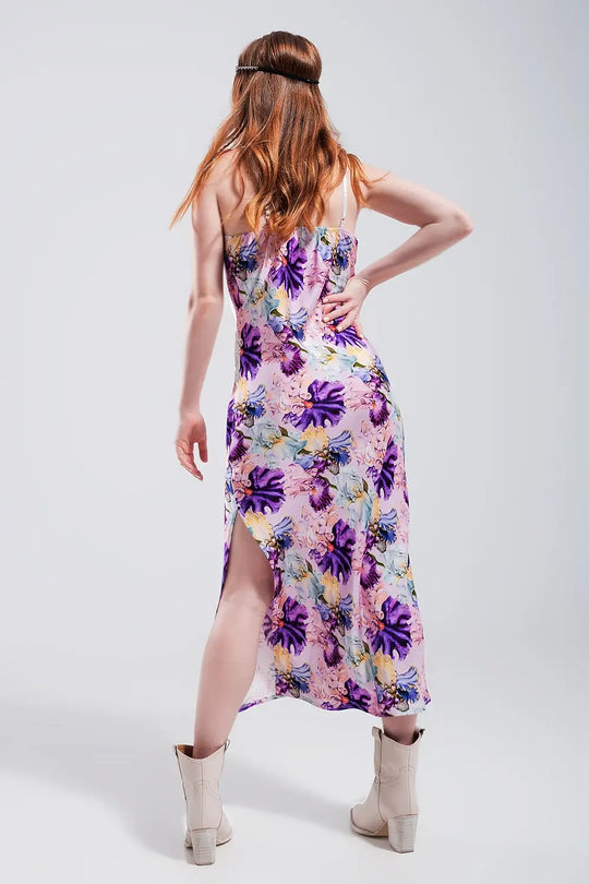 V back Satin midi dress in purple clashing floral print - Dresses