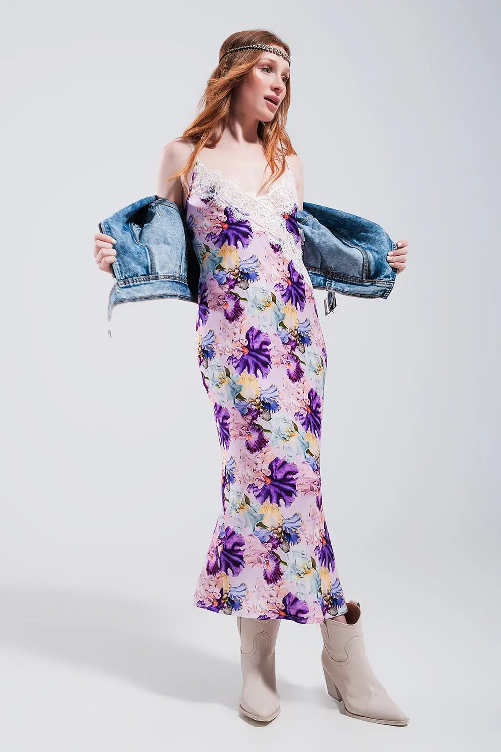 V back Satin midi dress in purple clashing floral print - Dresses