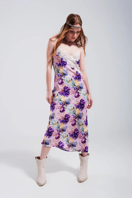 V back Satin midi dress in purple clashing floral print - Dresses
