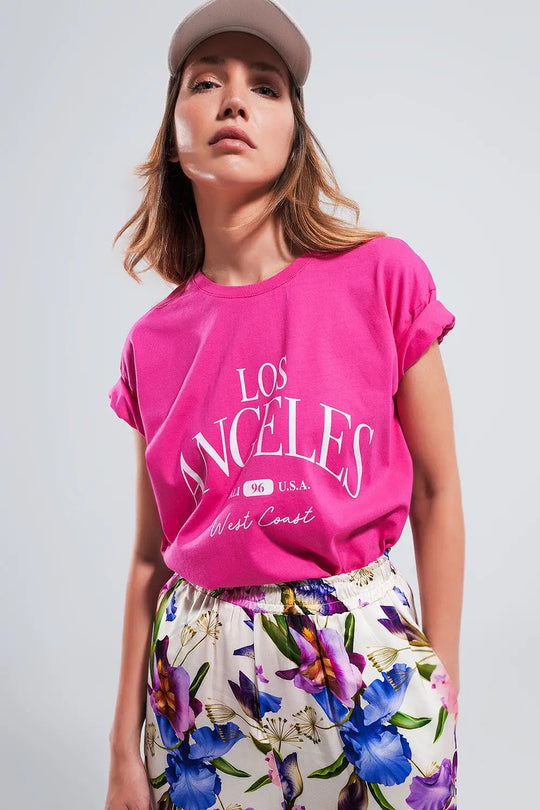 Los Angeles slogan t shirt in fuchsia - FUCHSIA / ONE - T-Shirts