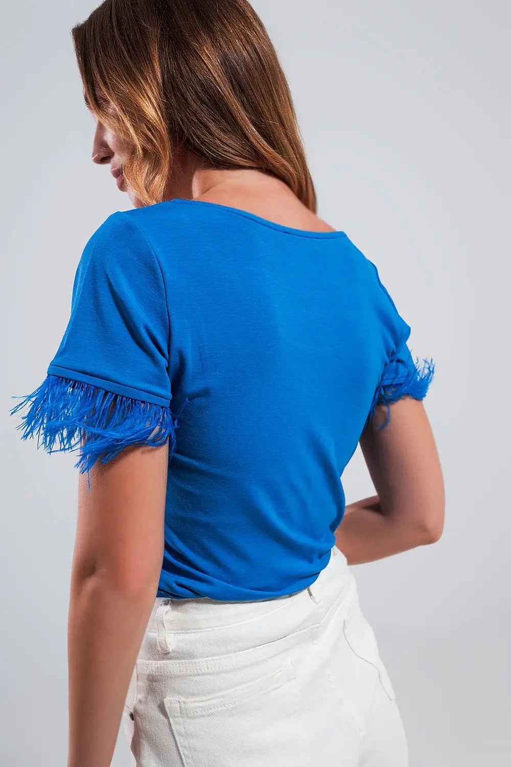 Embellished top with faux feather cuffs in blue - T-Shirts