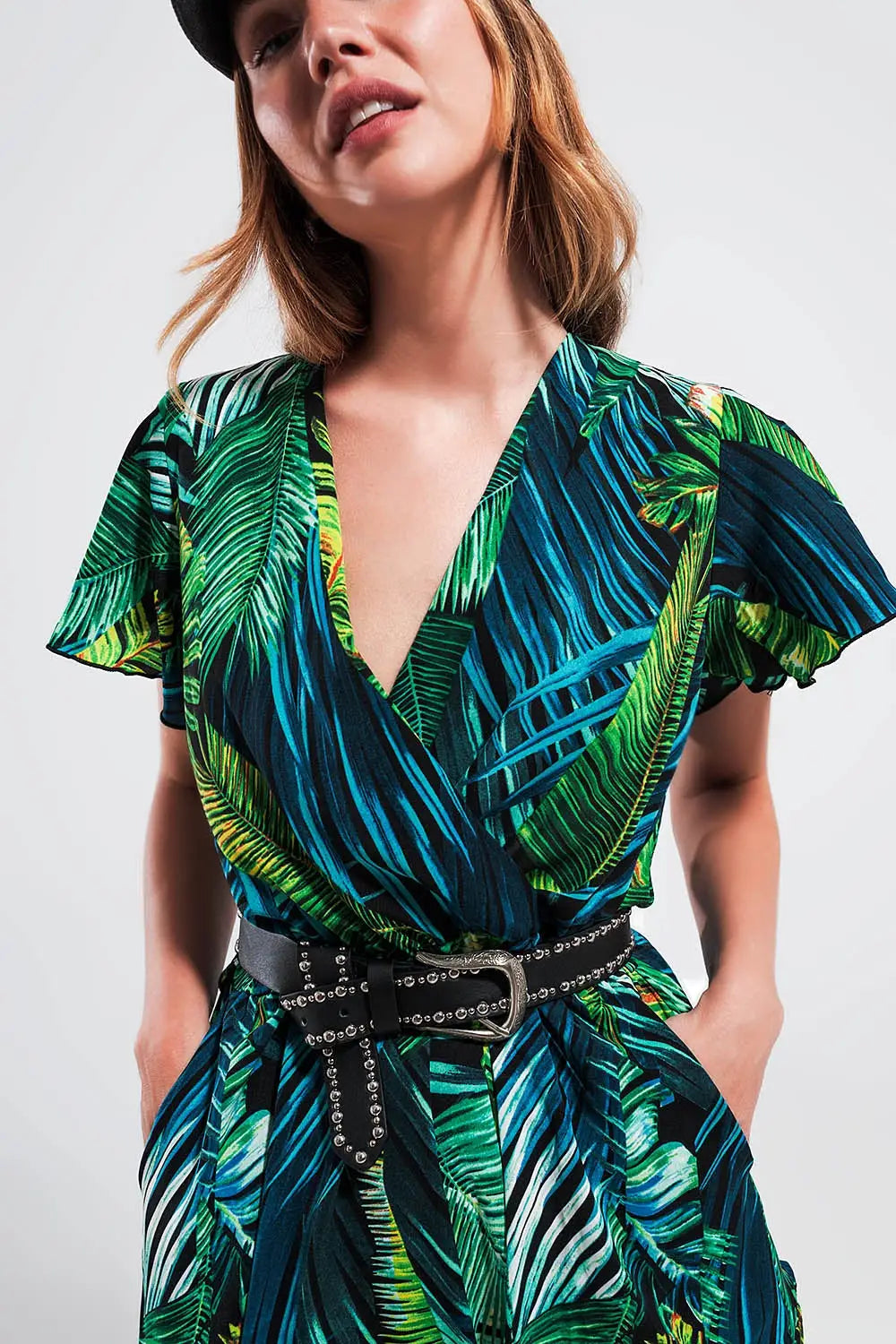 Wrap jumpsuit in green tropical print - Jumpsuits