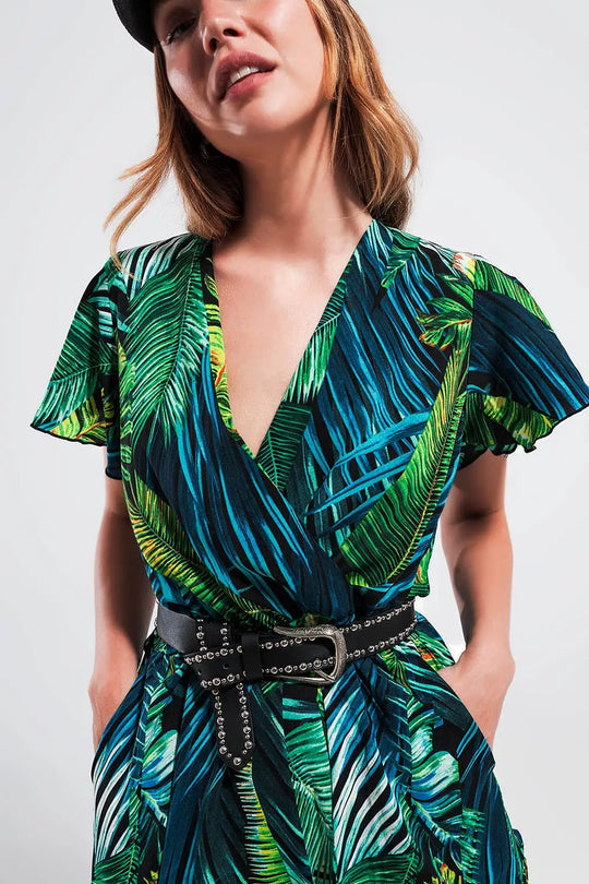 Wrap jumpsuit in green tropical print - Jumpsuits