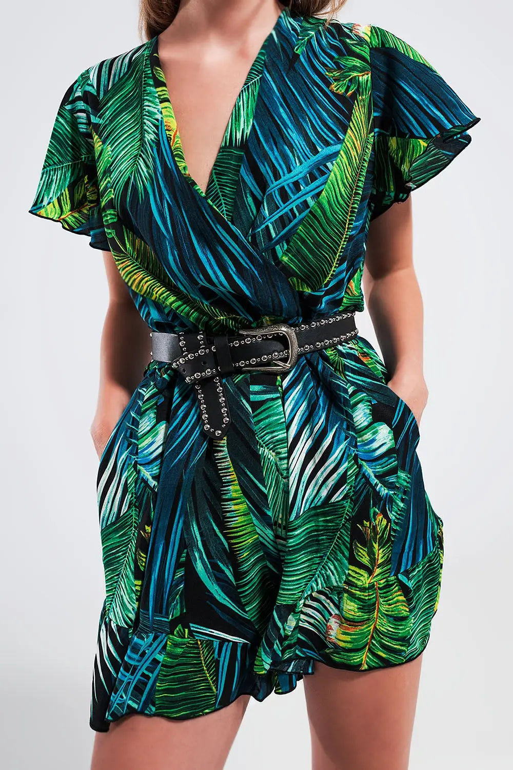 Wrap jumpsuit in green tropical print - Jumpsuits