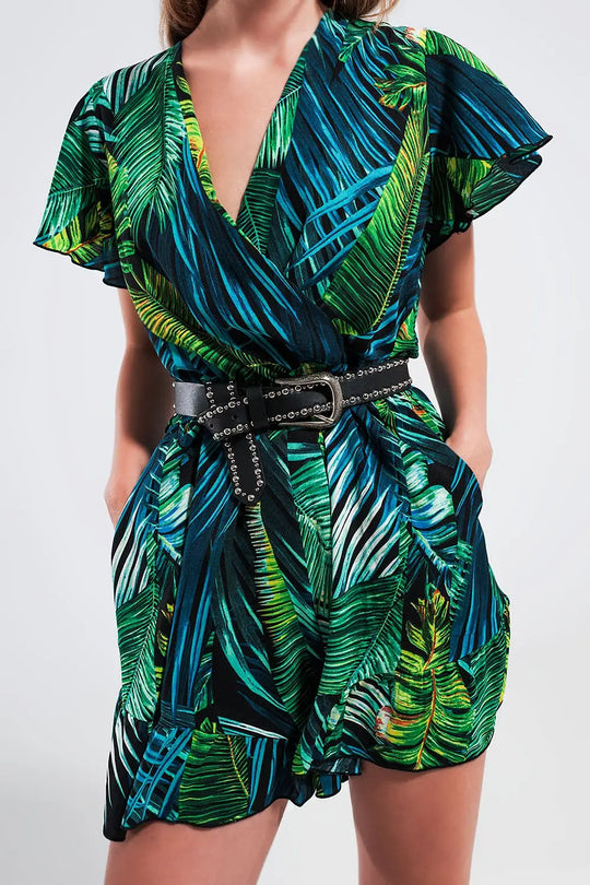 Wrap jumpsuit in green tropical print - Jumpsuits