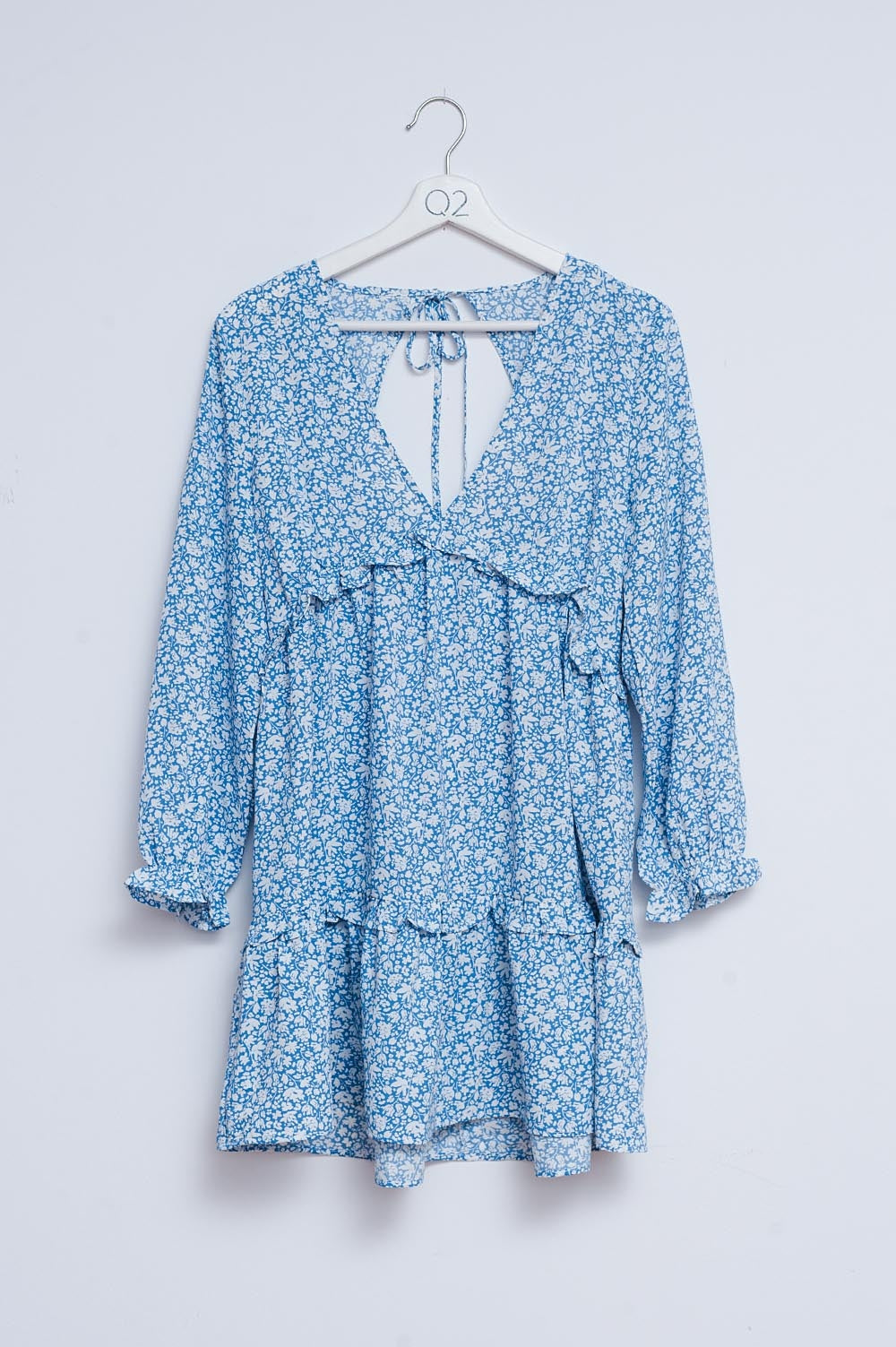 Open back mini tea dress in blue floral