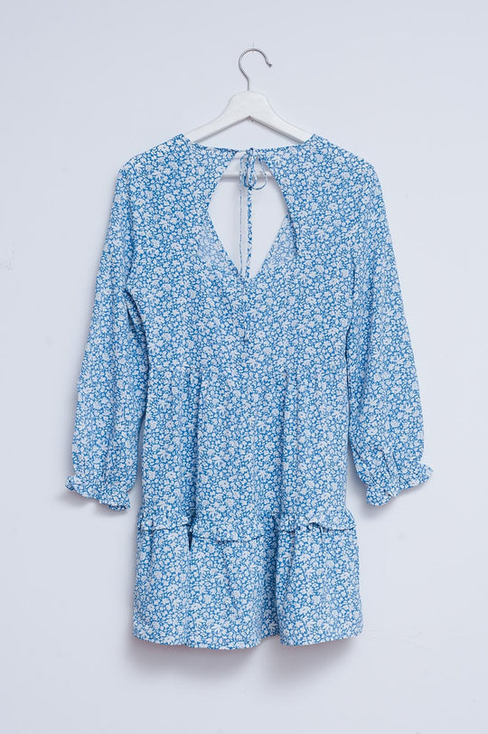 Open back mini tea dress in blue floral