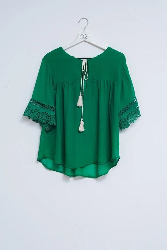 Broderie tie front blouse in green - GREEN / ONE - Shirts