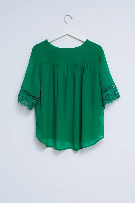 Broderie tie front blouse in green - GREEN / ONE - Shirts
