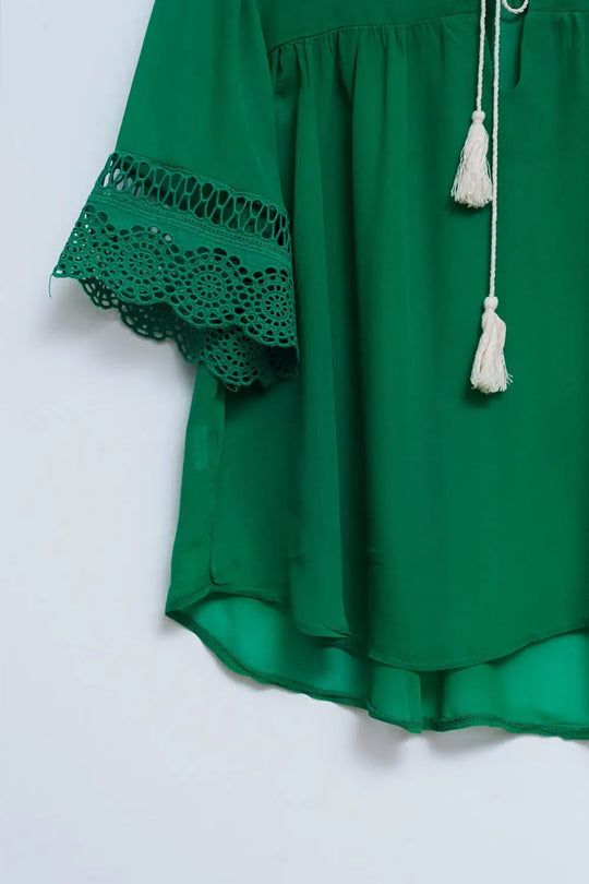 Broderie tie front blouse in green - GREEN / ONE - Shirts