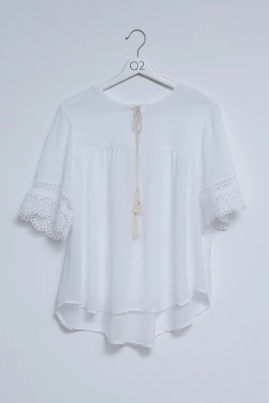 Broderie tie front blouse in white - WHITE / ONE - Shirts