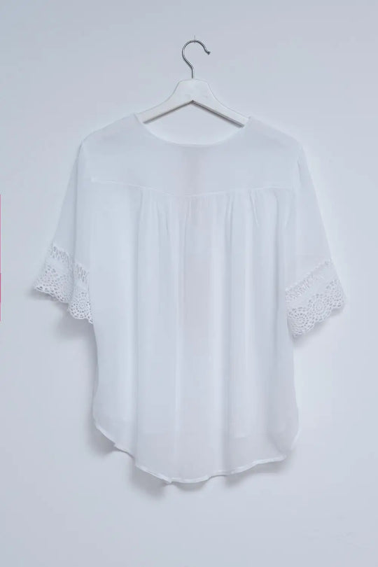 Broderie tie front blouse in white - WHITE / ONE - Shirts