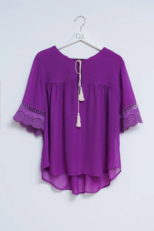 Broderie tie front blouse in purple - PURPLE / ONE - Shirts