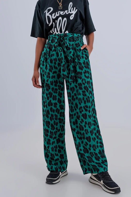 Wide leg pants in green leopard print - Pants