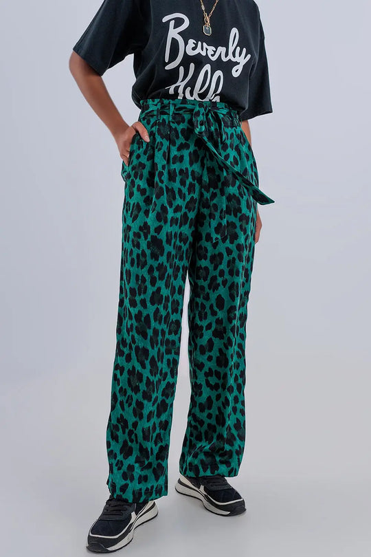 Wide leg pants in green leopard print - Pants