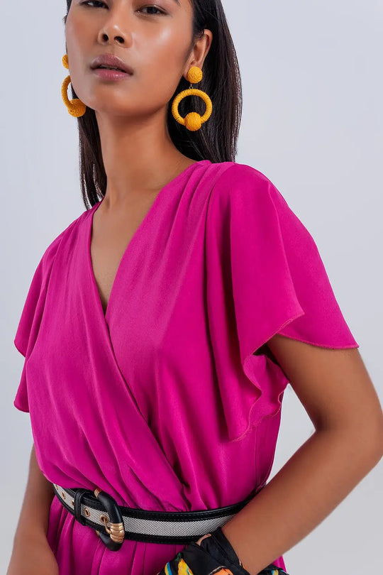 Wrap front frill hem jumpsuit in fuchsia - Jumpsuits